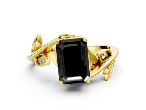 Yellow gold Fancy Black Emerald Cut Solitaire Twist Engagement Ring with Leaf Accents and Prong Setting_12