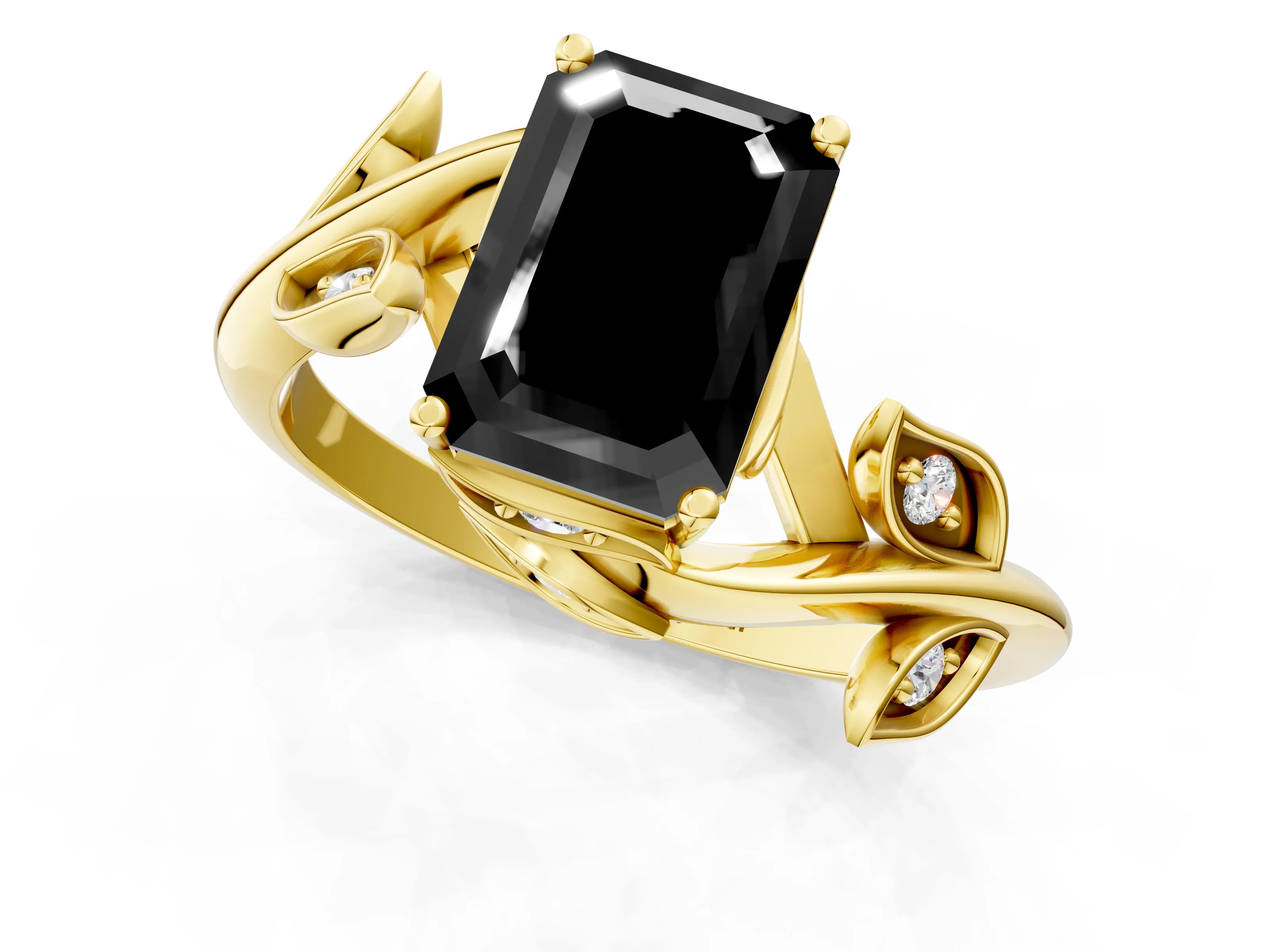 Yellow gold Fancy Black Emerald Cut Solitaire Twist Engagement Ring with Leaf Accents and Prong Setting_13