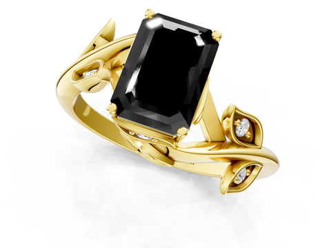 Yellow gold Fancy Black Emerald Cut Solitaire Twist Engagement Ring with Leaf Accents and Prong Setting_13
