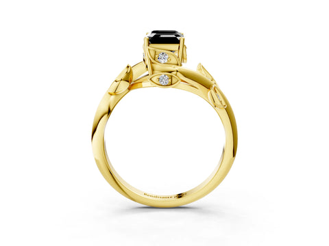 Yellow gold Fancy Black Emerald Cut Solitaire Twist Engagement Ring with Leaf Accents and Prong Setting_15