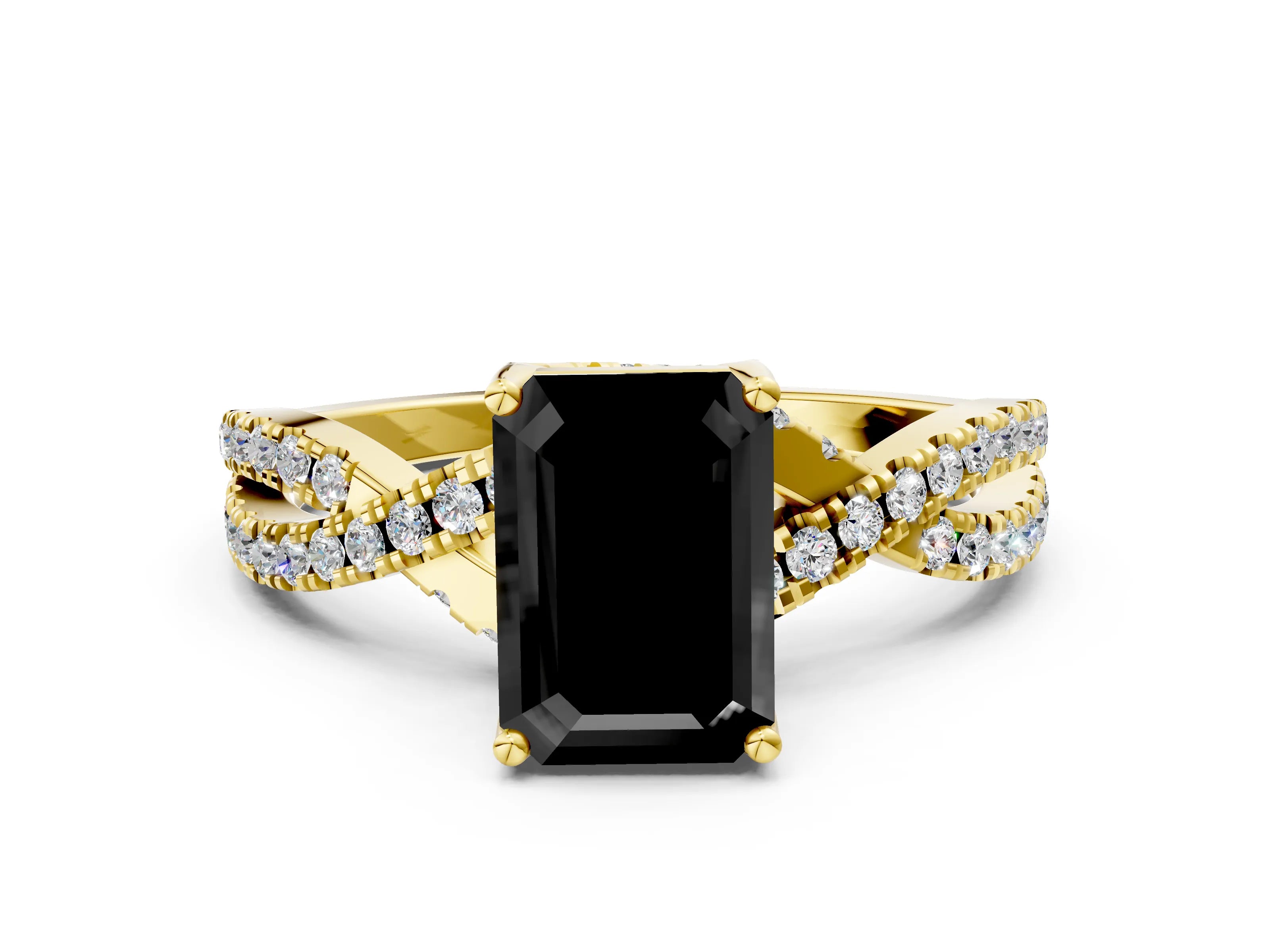 Yellow gold Fancy Black Emerald Cut Solitaire Twist Pave Diamond Engagement Ring with Prong Setting