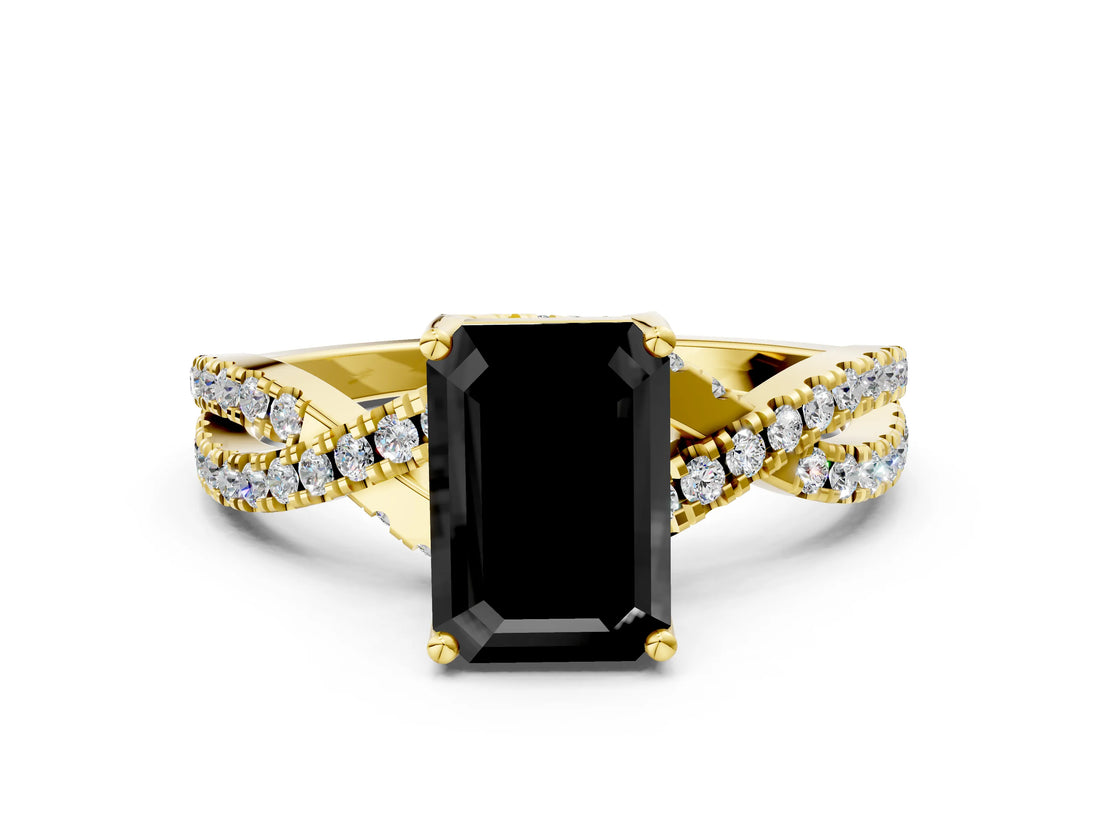 Yellow gold Fancy Black Emerald Cut Solitaire Twist Pave Diamond Engagement Ring with Prong Setting