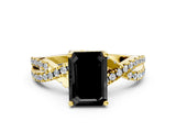 Yellow gold Fancy Black Emerald Cut Solitaire Twist Pave Diamond Engagement Ring with Prong Setting