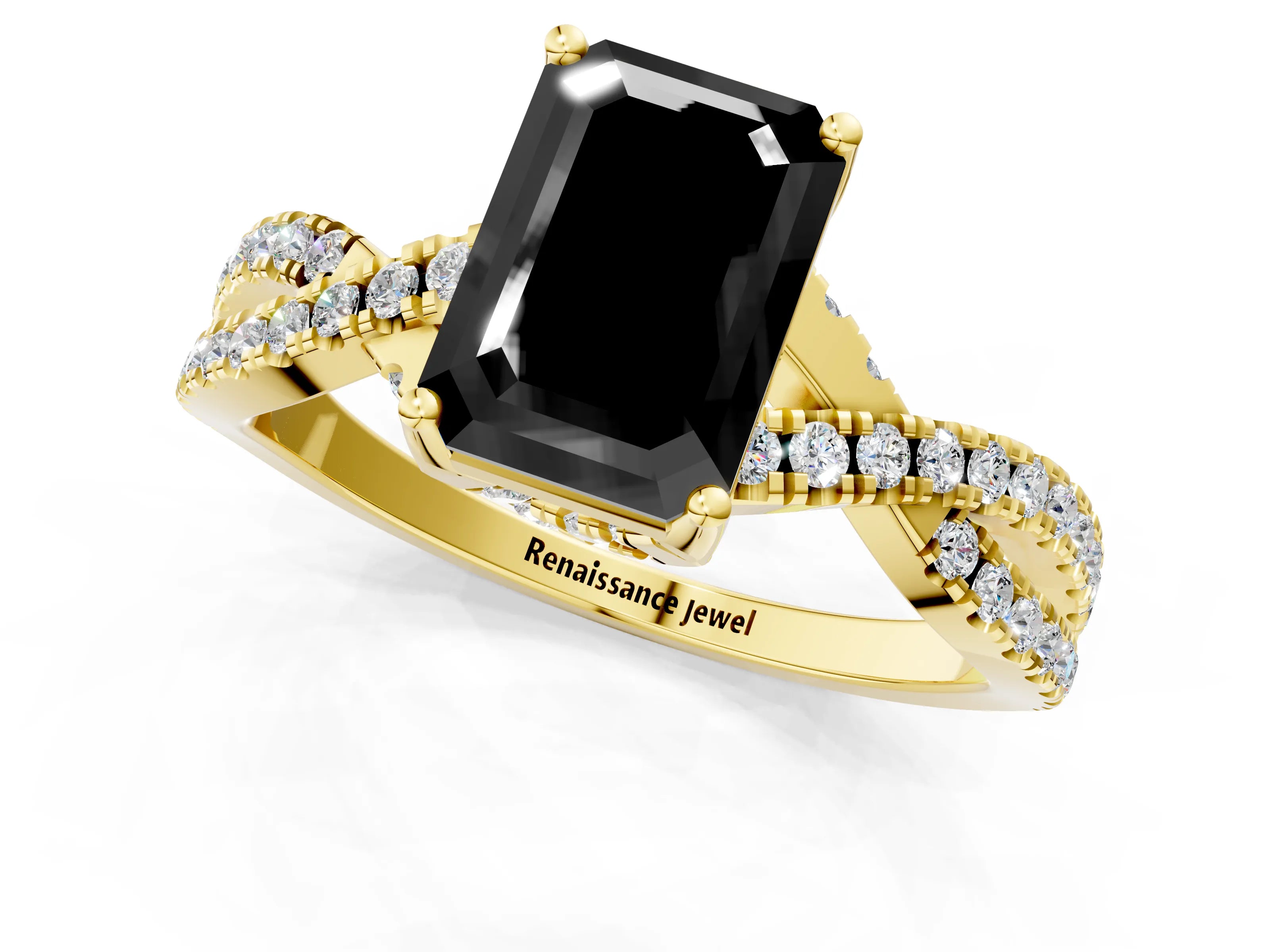 Yellow gold Fancy Black Emerald Cut Solitaire Twist Pave Diamond Engagement Ring with Prong Setting_1