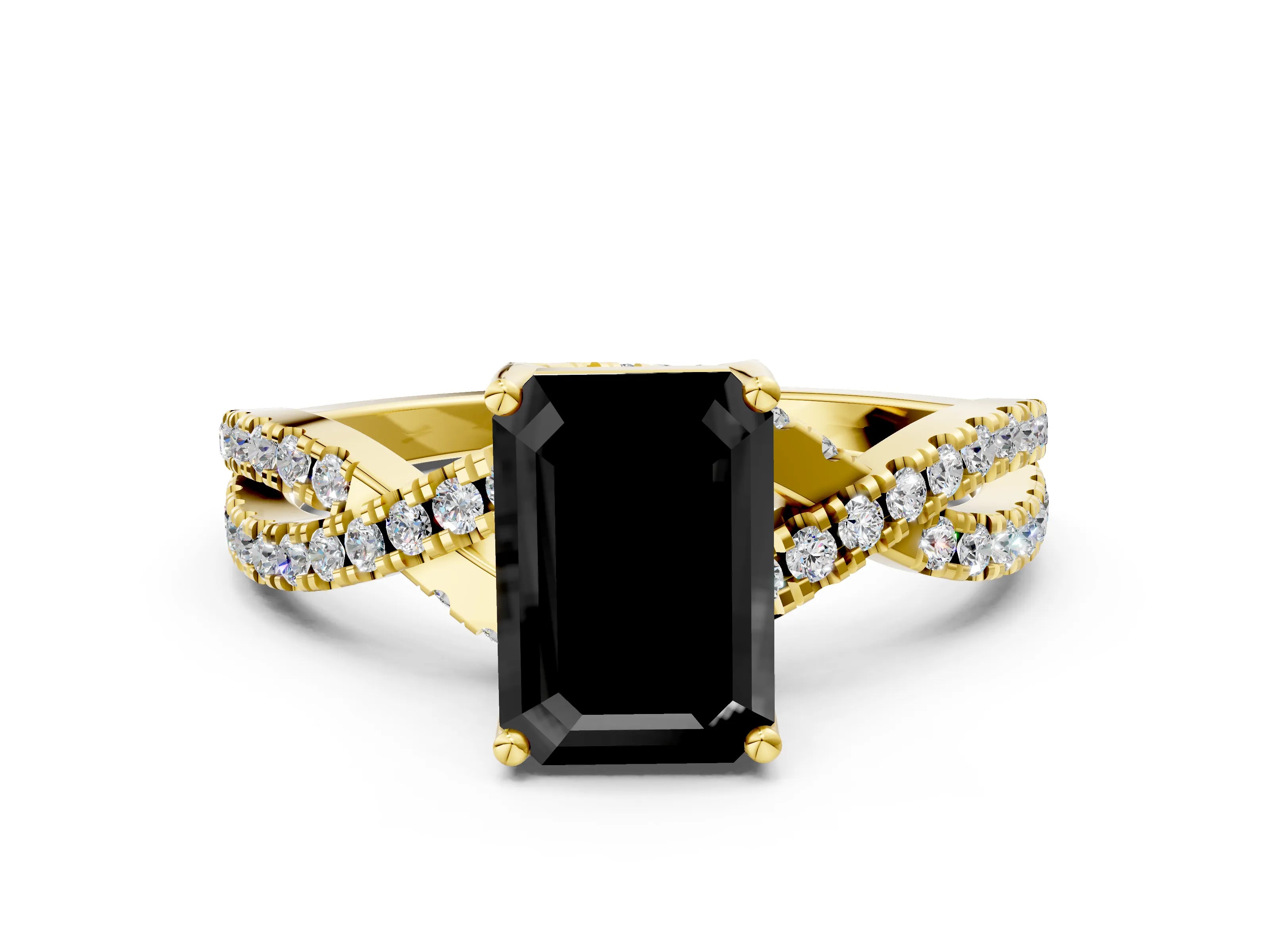 Yellow gold Fancy Black Emerald Cut Solitaire Twist Pave Diamond Engagement Ring with Prong Setting_24