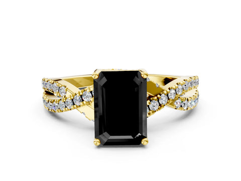 Yellow gold Fancy Black Emerald Cut Solitaire Twist Pave Diamond Engagement Ring with Prong Setting_24