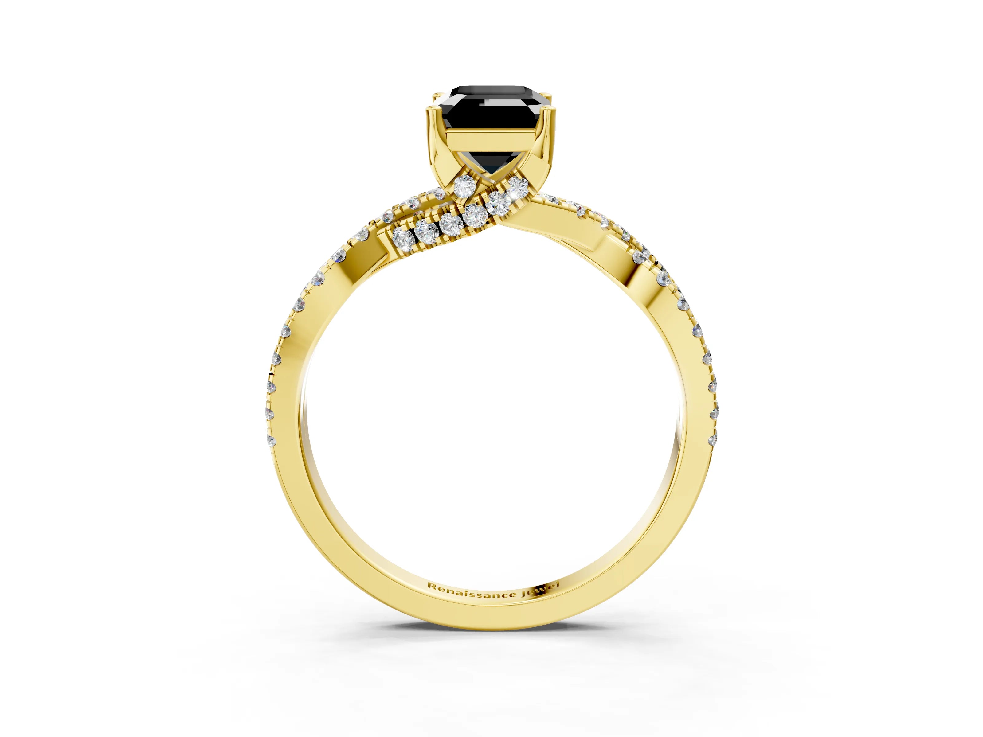 Yellow gold Fancy Black Emerald Cut Solitaire Twist Pave Diamond Engagement Ring with Prong Setting_3