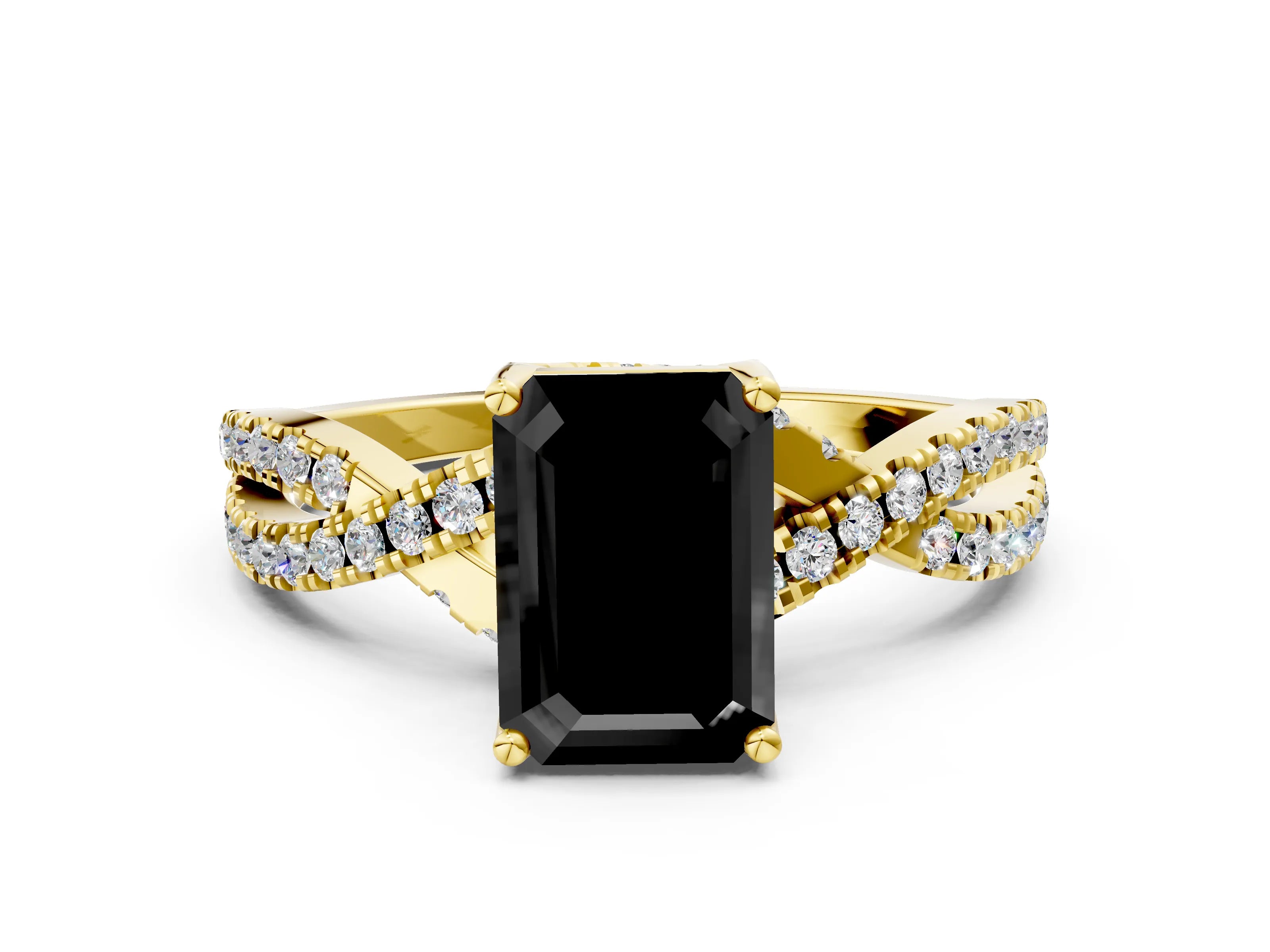 Yellow gold Fancy Black Emerald Cut Solitaire Twist Pave Diamond Engagement Ring with Prong Setting_30