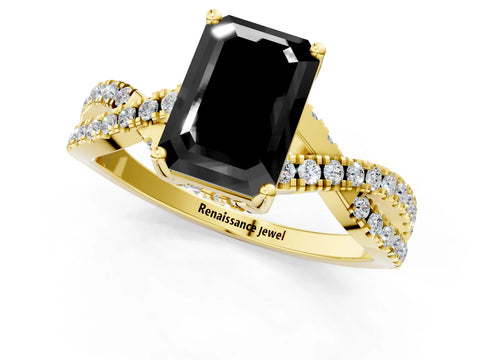 Yellow gold Fancy Black Emerald Cut Solitaire Twist Pave Diamond Engagement Ring with Prong Setting_37