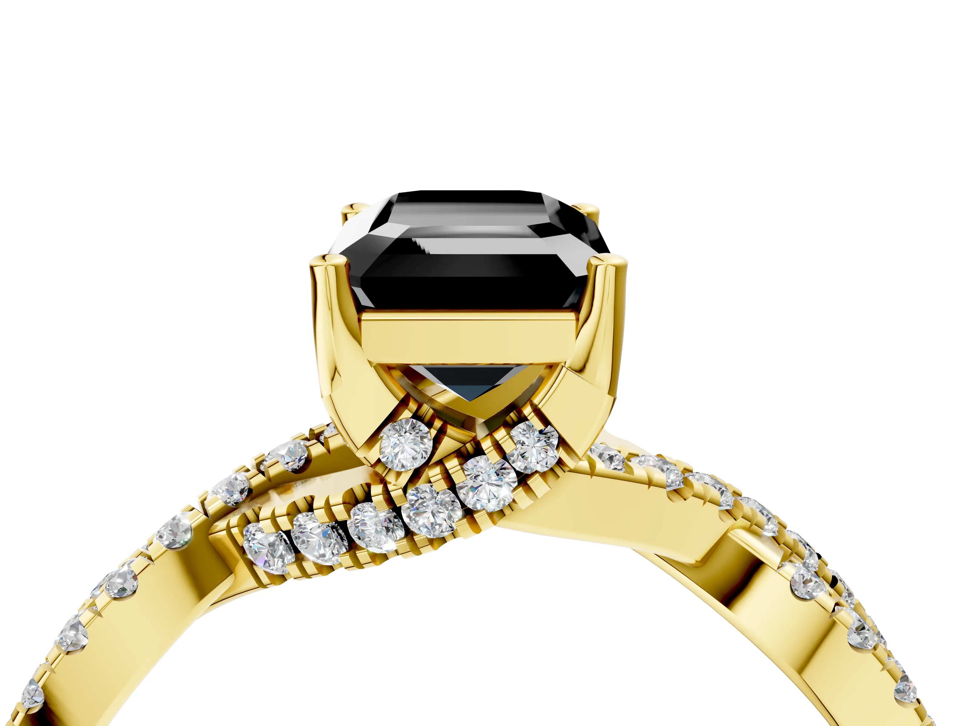 Yellow gold Fancy Black Emerald Cut Solitaire Twist Pave Diamond Engagement Ring with Prong Setting_4