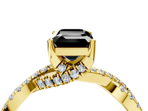 Yellow gold Fancy Black Emerald Cut Solitaire Twist Pave Diamond Engagement Ring with Prong Setting_4