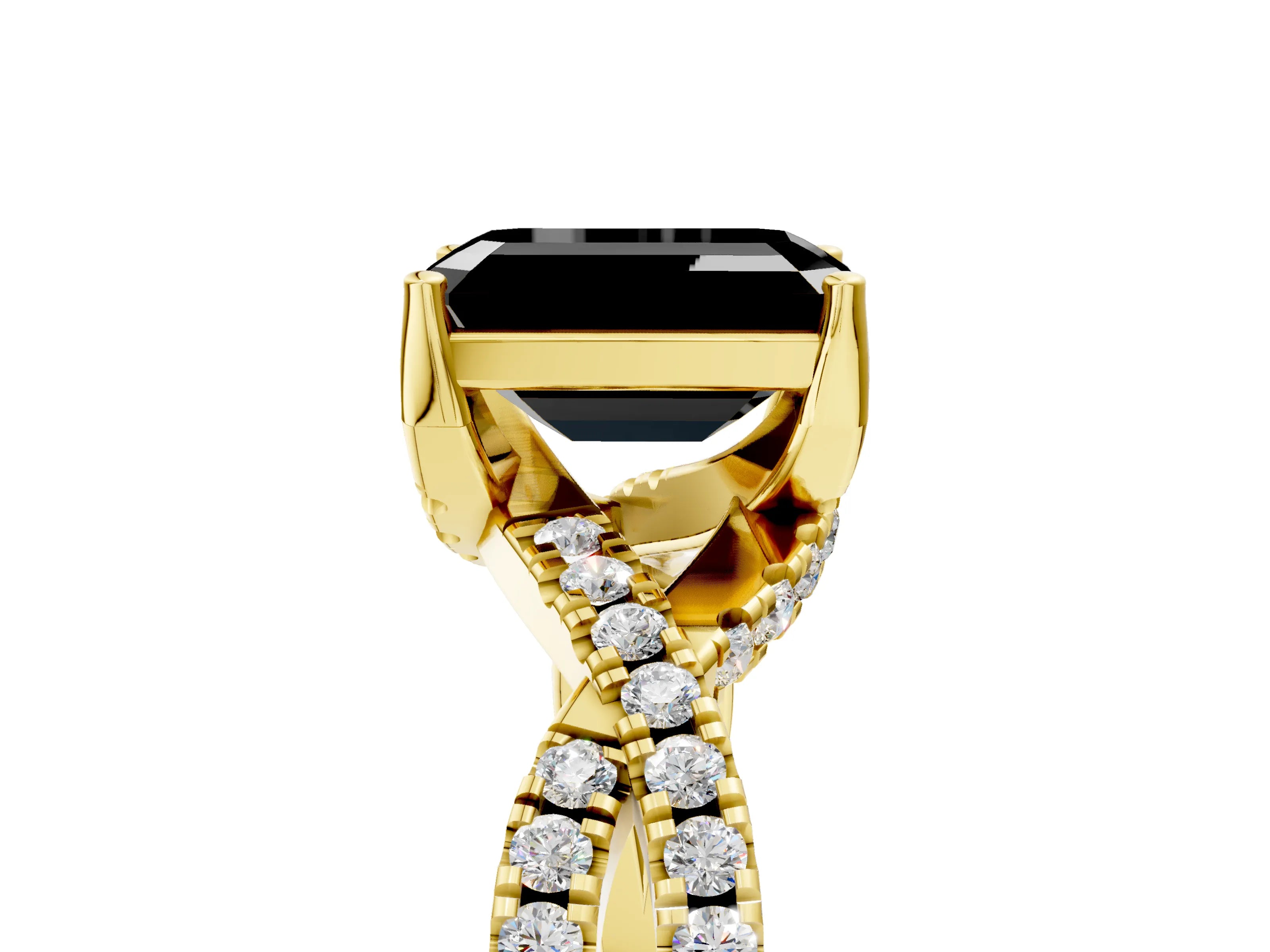 Yellow gold Fancy Black Emerald Cut Solitaire Twist Pave Diamond Engagement Ring with Prong Setting_5