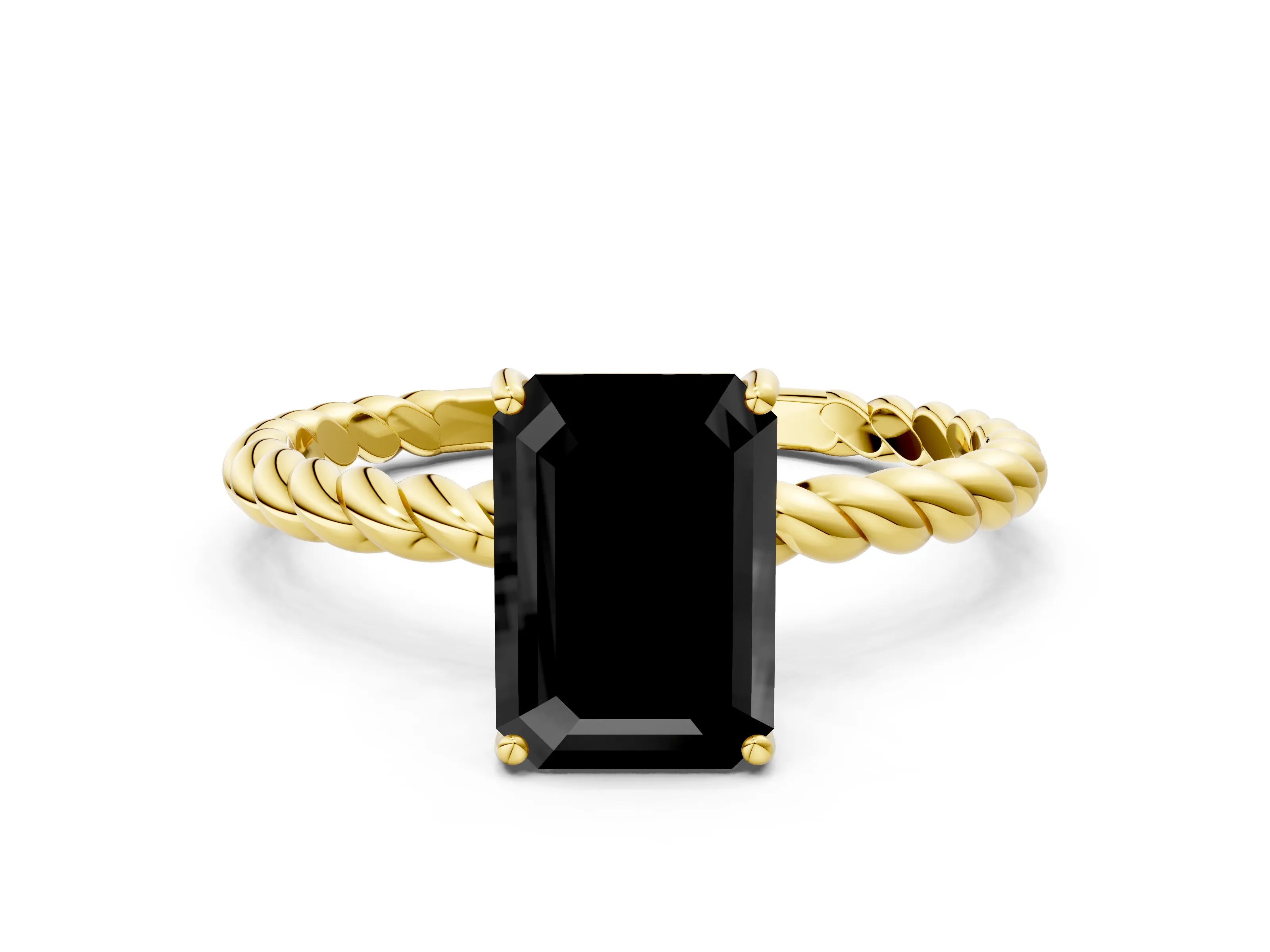 Yellow gold Fancy Black Emerald Cut Solitaire Twisted Band 4-Prong Ring