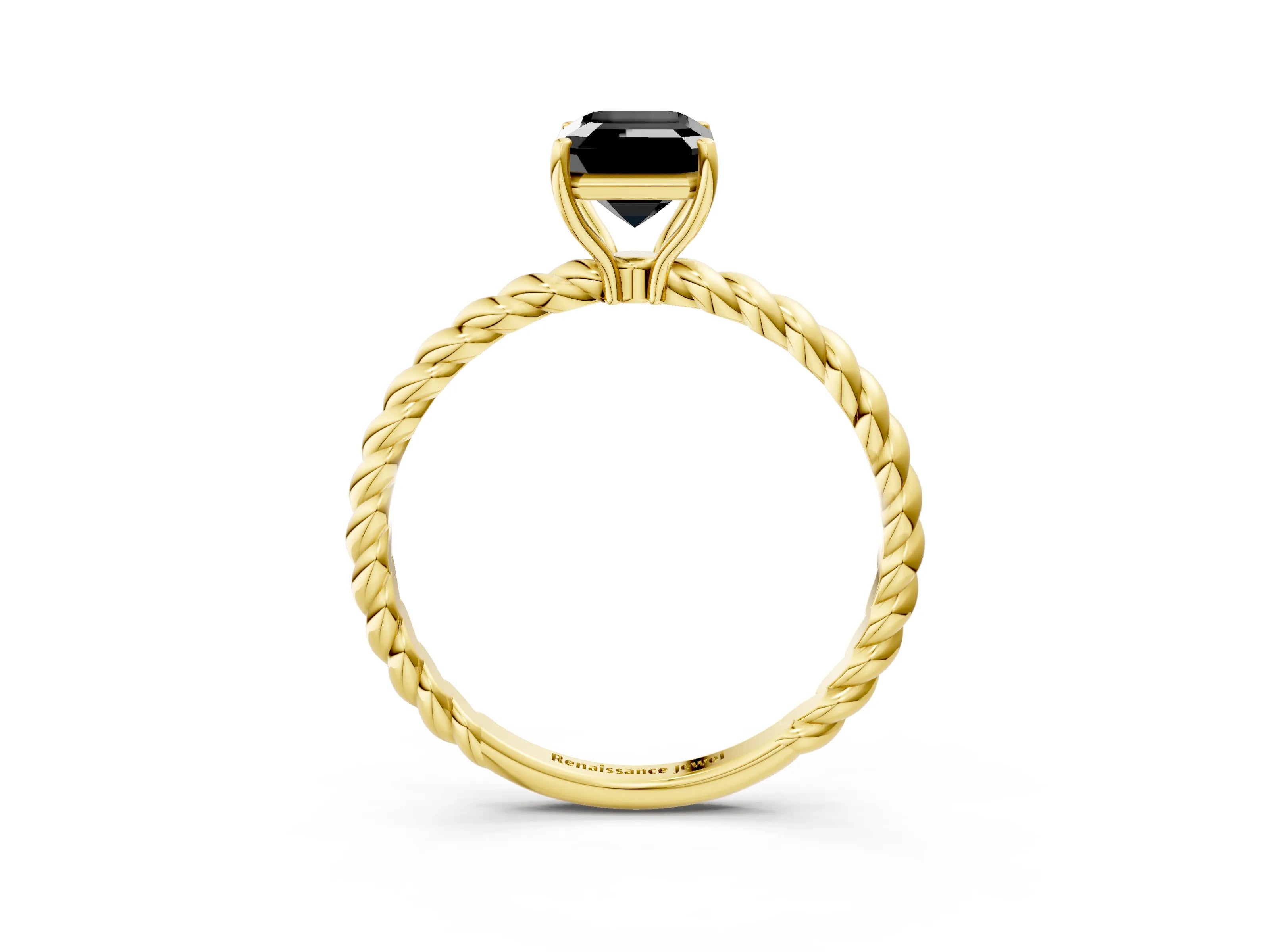 Yellow gold Fancy Black Emerald Cut Solitaire Twisted Band 4-Prong Ring_3