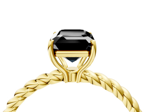 Yellow gold Fancy Black Emerald Cut Solitaire Twisted Band 4-Prong Ring_4