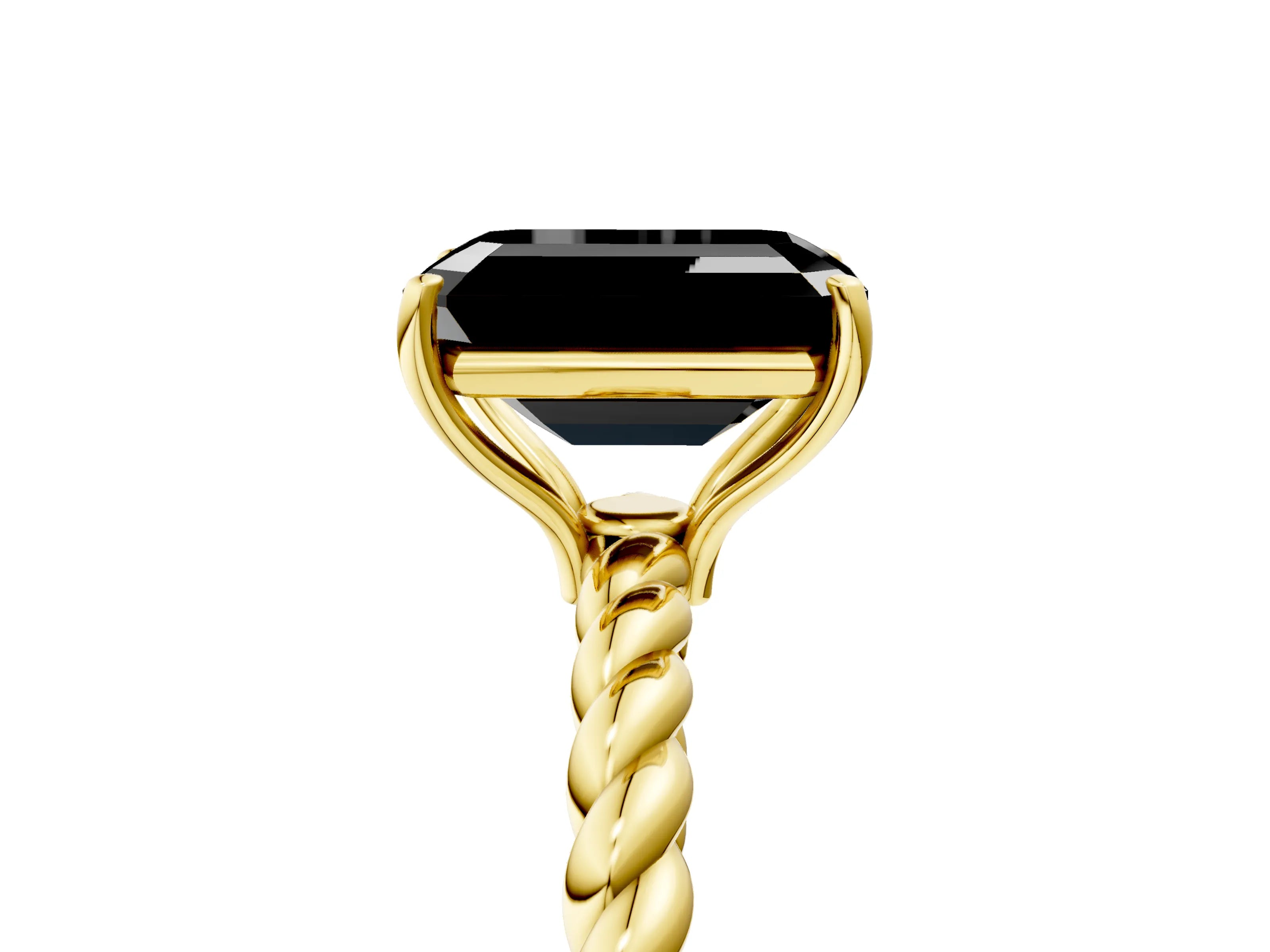 Yellow gold Fancy Black Emerald Cut Solitaire Twisted Band 4-Prong Ring_5