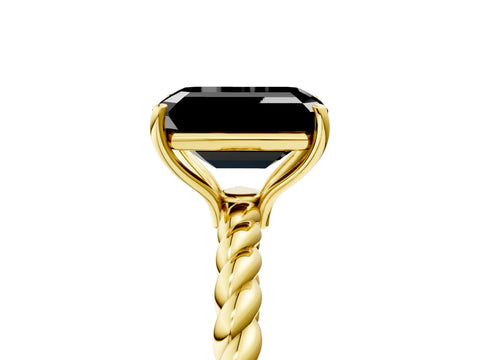 Yellow gold Fancy Black Emerald Cut Solitaire Twisted Band 4-Prong Ring_5
