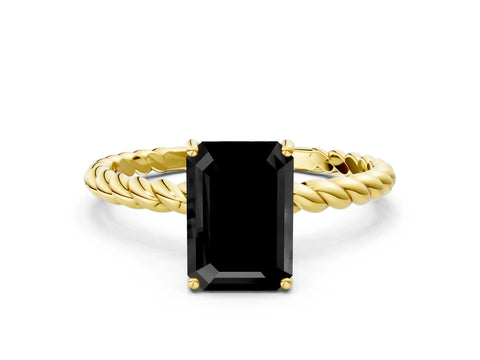 Yellow gold Fancy Black Emerald Cut Solitaire Twisted Band 4-Prong Ring
