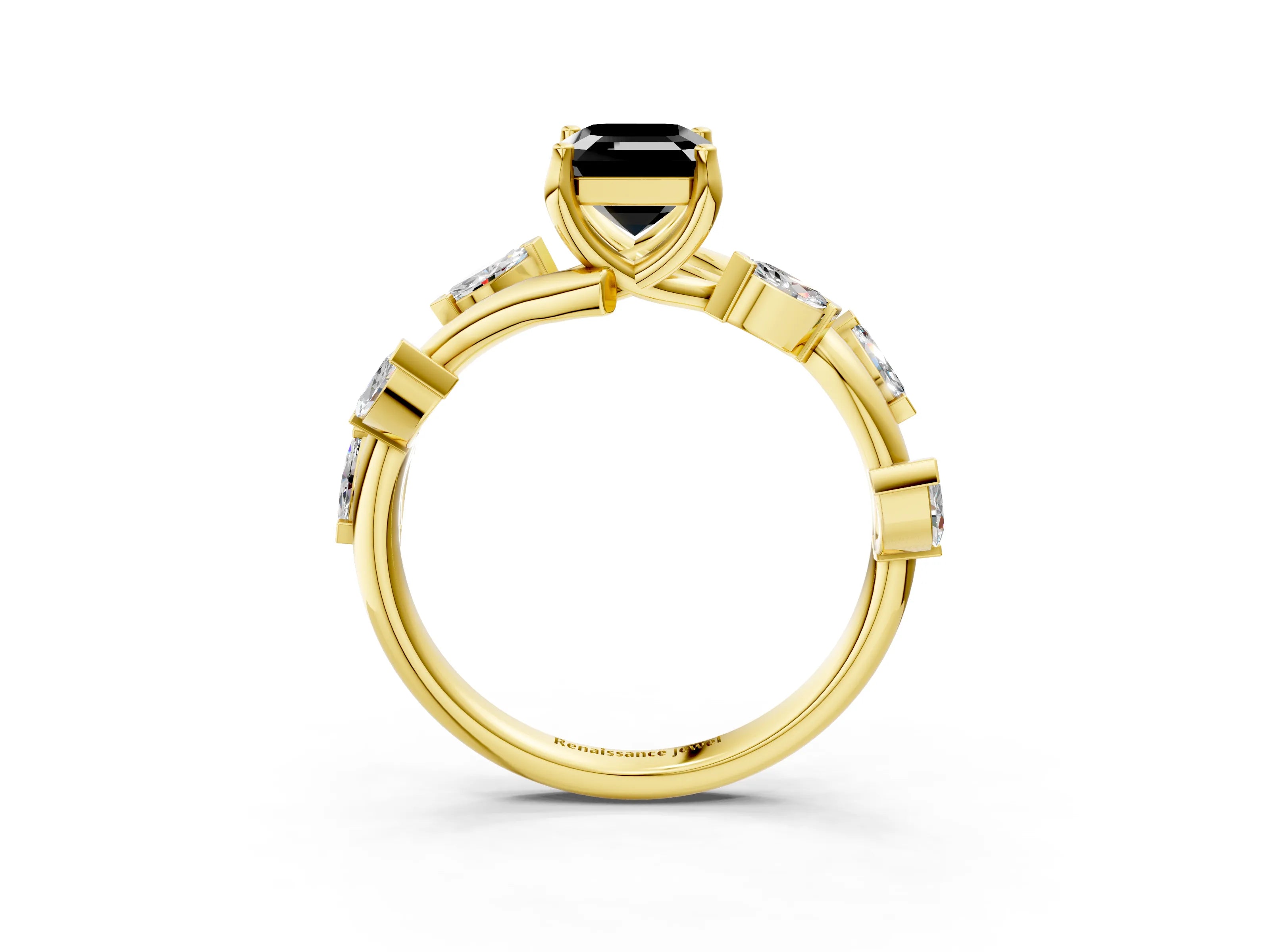 Yellow gold Fancy Black Emerald Cut Solitaire Twisted Band Marquise Accent Prong Setting Ring_3