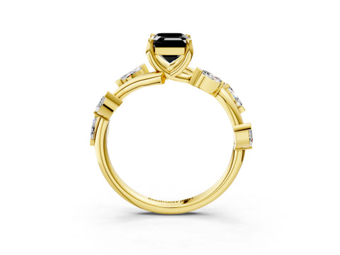 Yellow gold Fancy Black Emerald Cut Solitaire Twisted Band Marquise Accent Prong Setting Ring_3