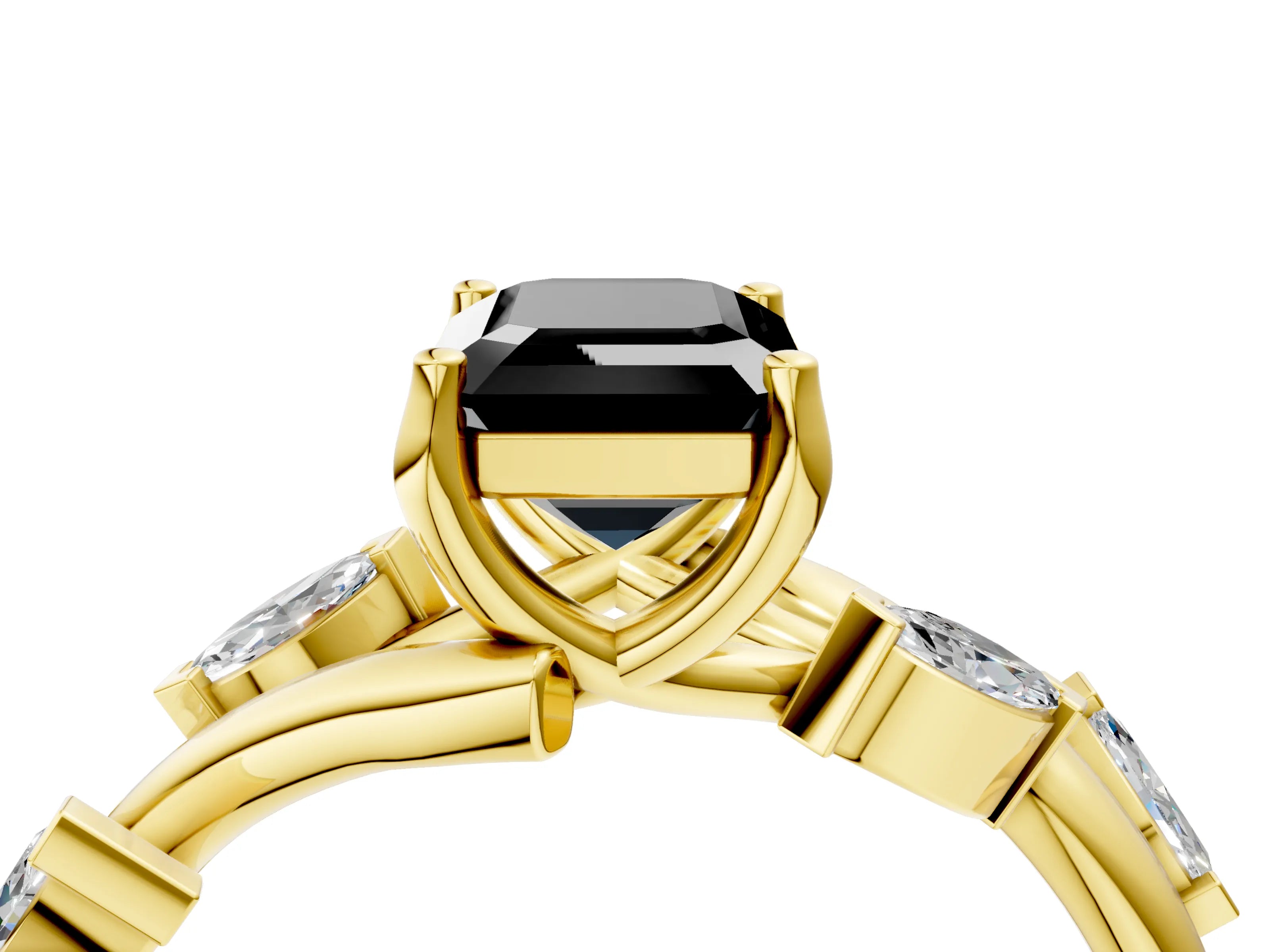 Yellow gold Fancy Black Emerald Cut Solitaire Twisted Band Marquise Accent Prong Setting Ring_4