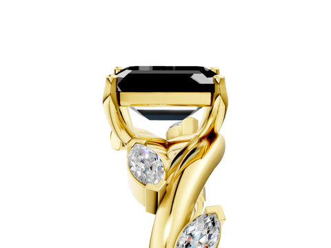 Yellow gold Fancy Black Emerald Cut Solitaire Twisted Band Marquise Accent Prong Setting Ring_5