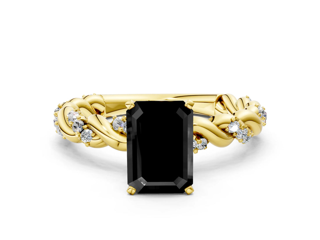 Yellow gold Fancy Black Emerald Cut Solitaire Twisted Band with Pavé Accents and Four-Prong Setting