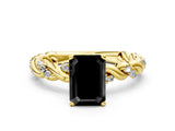 Yellow gold Fancy Black Emerald Cut Solitaire Twisted Band with Pavé Accents and Four-Prong Setting