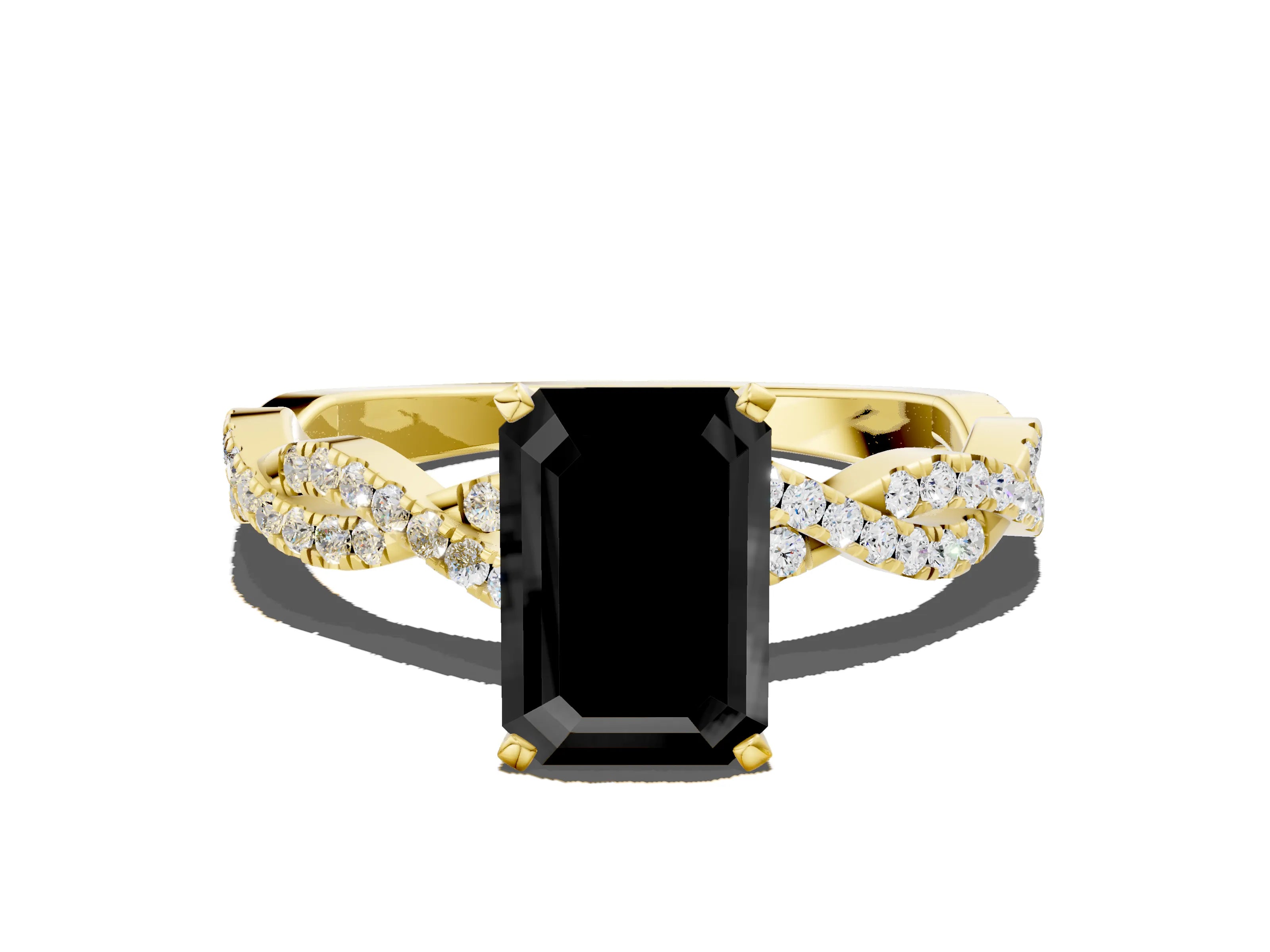 Yellow gold Fancy Black Emerald Cut Solitaire Twisted Pave Band with Four-Prong Setting_3
