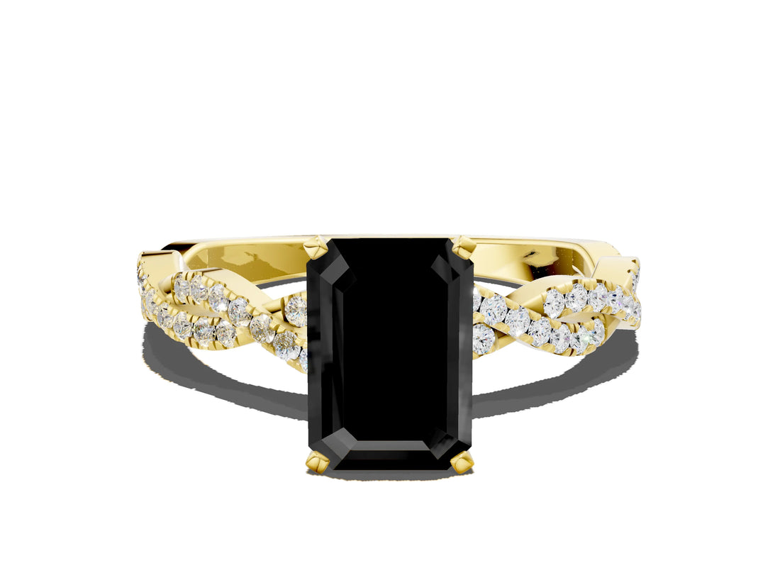 Yellow gold Fancy Black Emerald Cut Solitaire Twisted Pave Band with Four-Prong Setting_3
