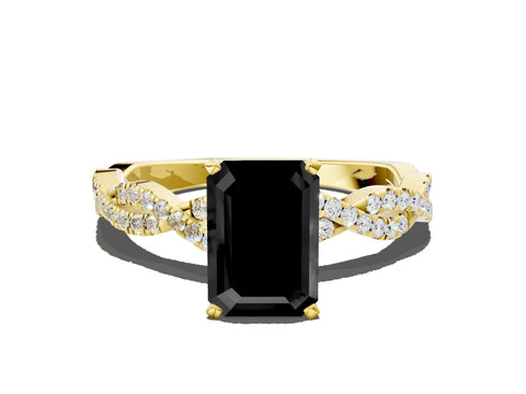 Yellow gold Fancy Black Emerald Cut Solitaire Twisted Pave Band with Four-Prong Setting_3