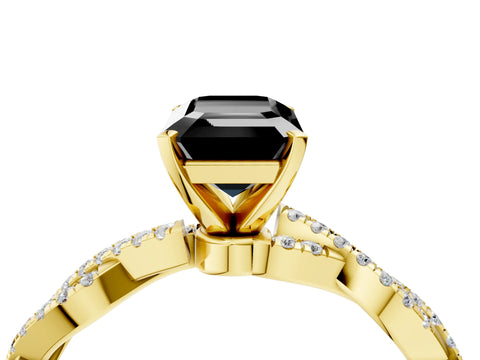 Yellow gold Fancy Black Emerald Cut Solitaire Twisted Pave Band with Four-Prong Setting_7