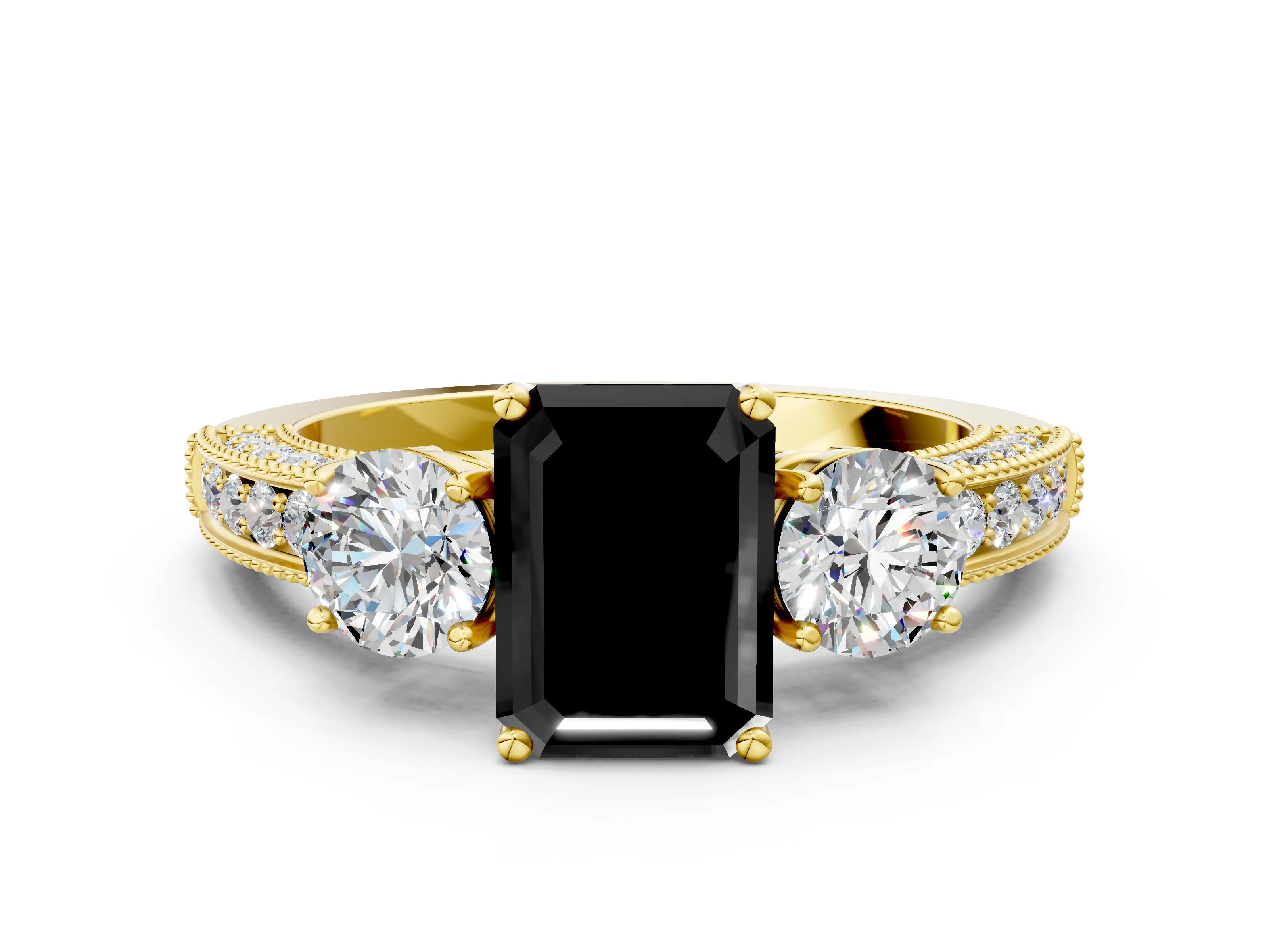 Yellow gold Fancy Black Emerald Cut Three-Stone Diamond Ring with Pavé Band and Four-Prong Setting