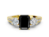 Yellow gold Fancy Black Emerald Cut Three-Stone Diamond Ring with Pavé Band and Four-Prong Setting