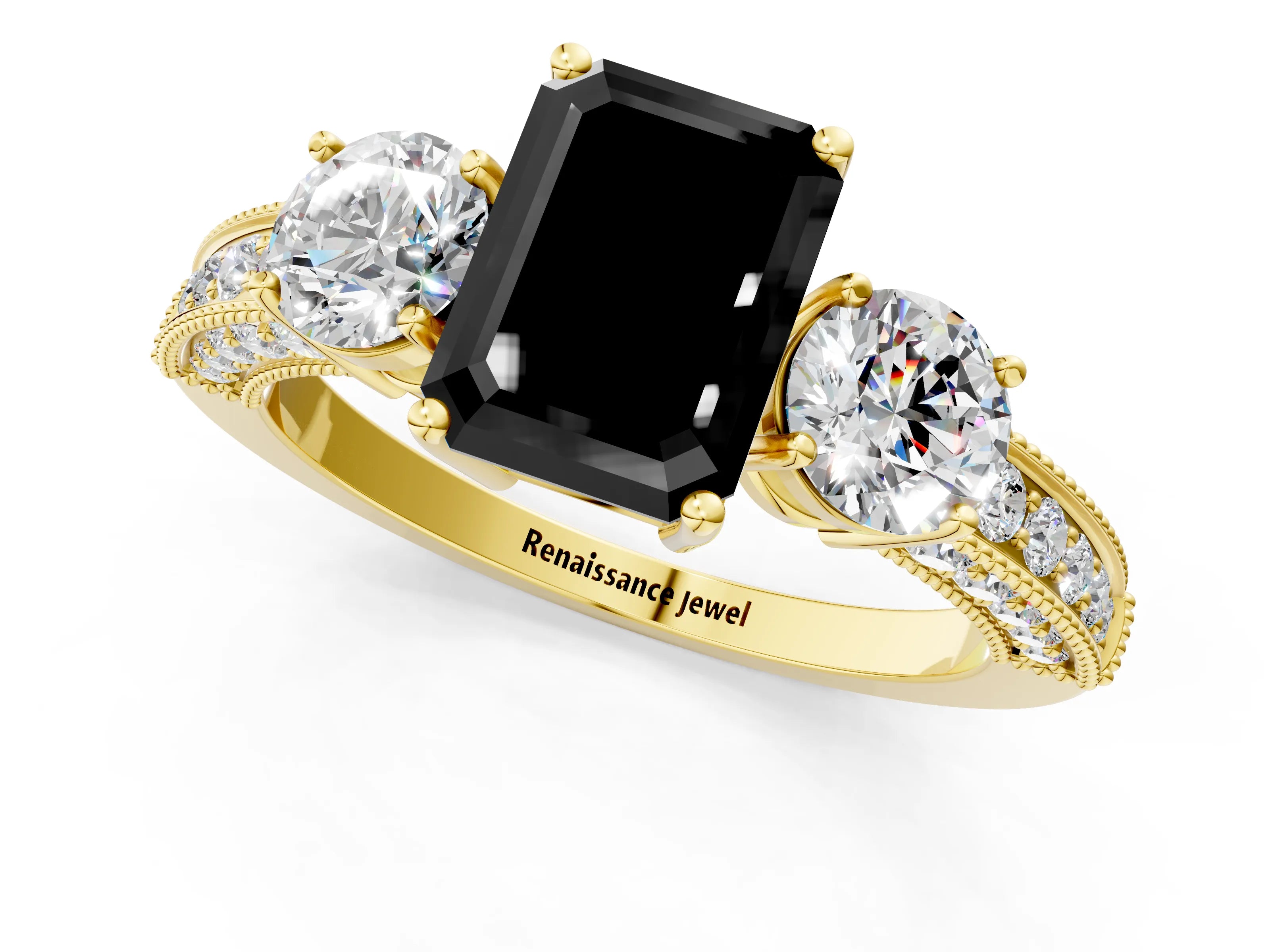 Yellow gold Fancy Black Emerald Cut Three-Stone Diamond Ring with Pavé Band and Four-Prong Setting_1