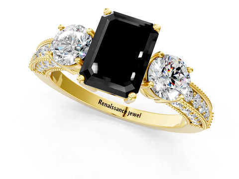 Yellow gold Fancy Black Emerald Cut Three-Stone Diamond Ring with Pavé Band and Four-Prong Setting_1