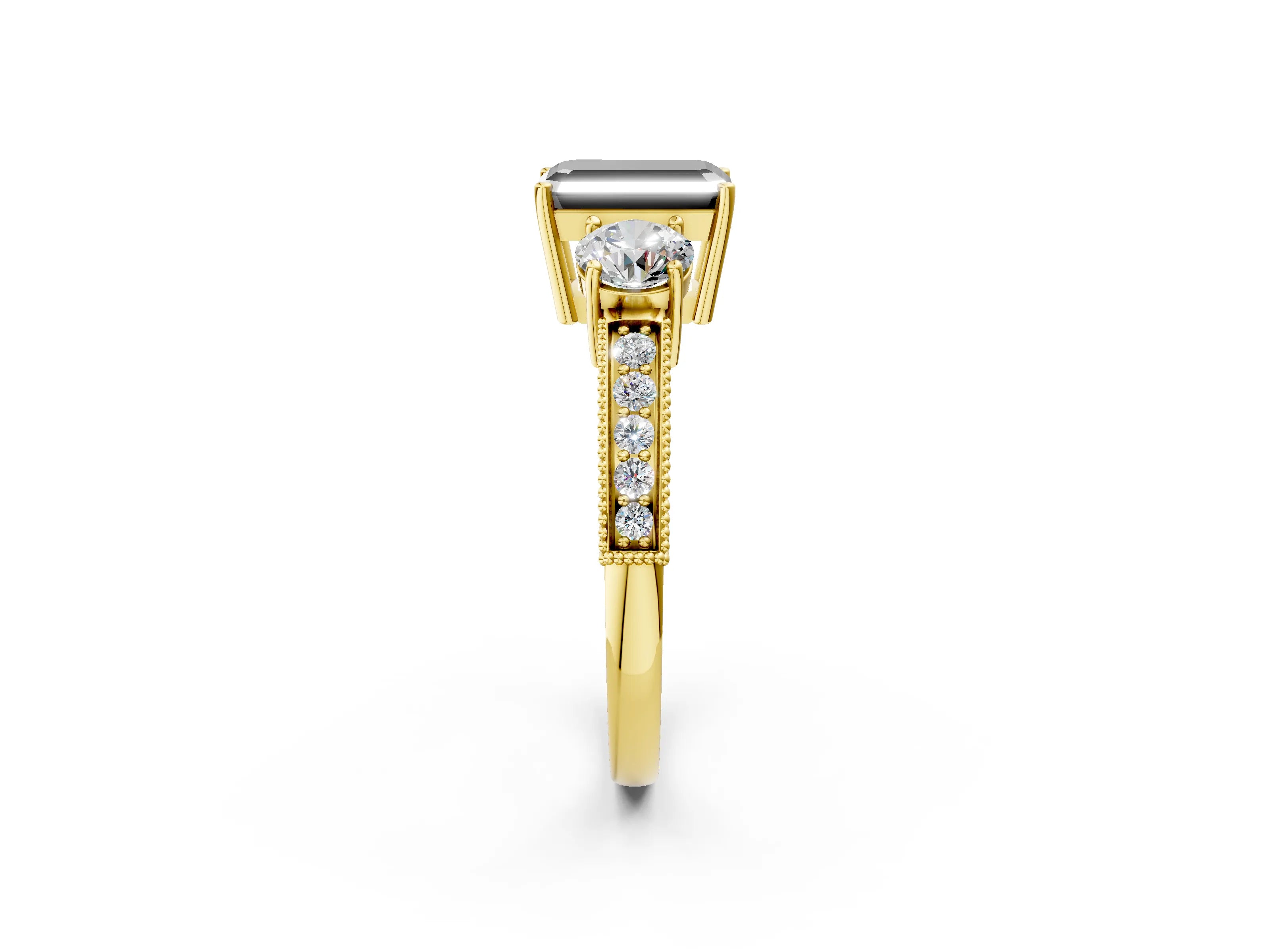 Yellow gold Fancy Black Emerald Cut Three-Stone Diamond Ring with Pavé Band and Four-Prong Setting_2