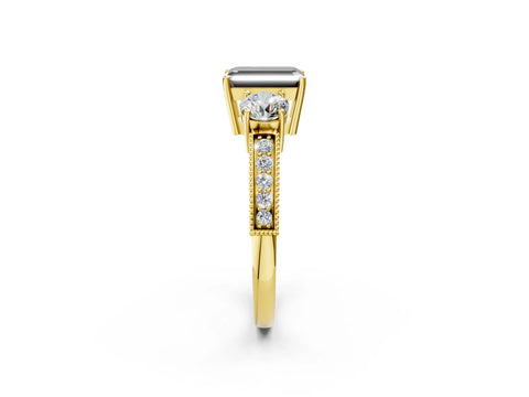 Yellow gold Fancy Black Emerald Cut Three-Stone Diamond Ring with Pavé Band and Four-Prong Setting_2