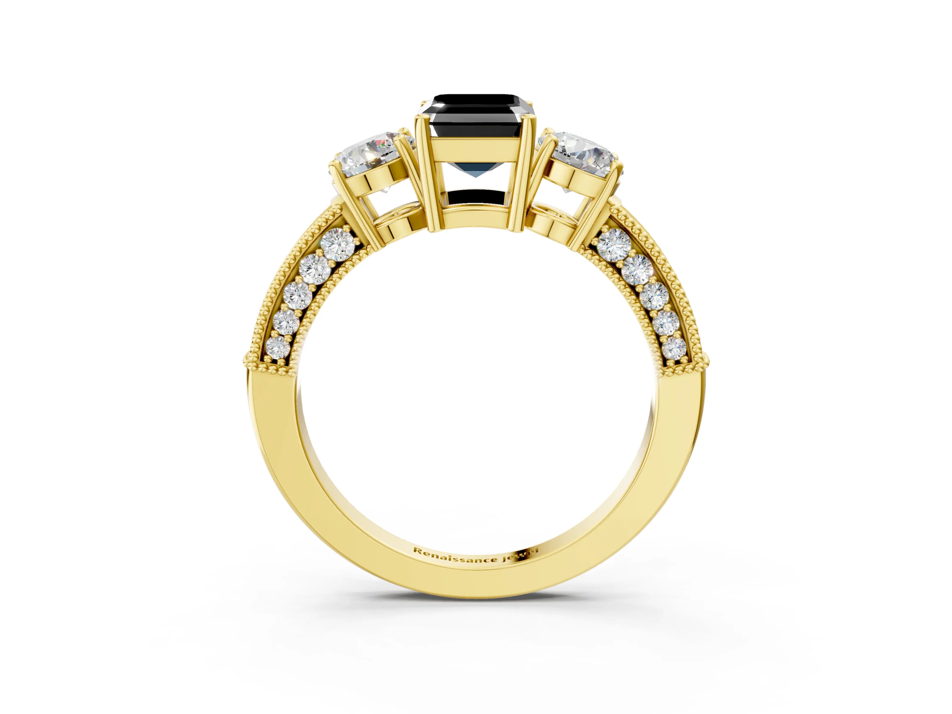 Yellow gold Fancy Black Emerald Cut Three-Stone Diamond Ring with Pavé Band and Four-Prong Setting_3