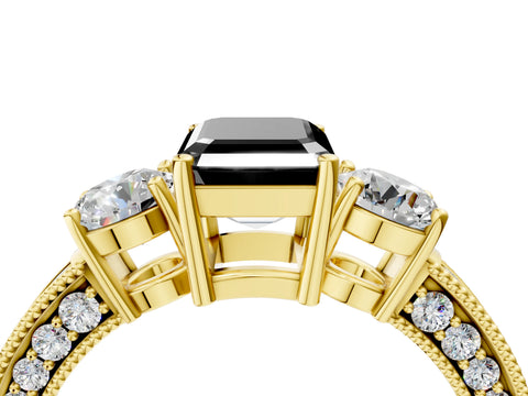 Yellow gold Fancy Black Emerald Cut Three-Stone Diamond Ring with Pavé Band and Four-Prong Setting_4