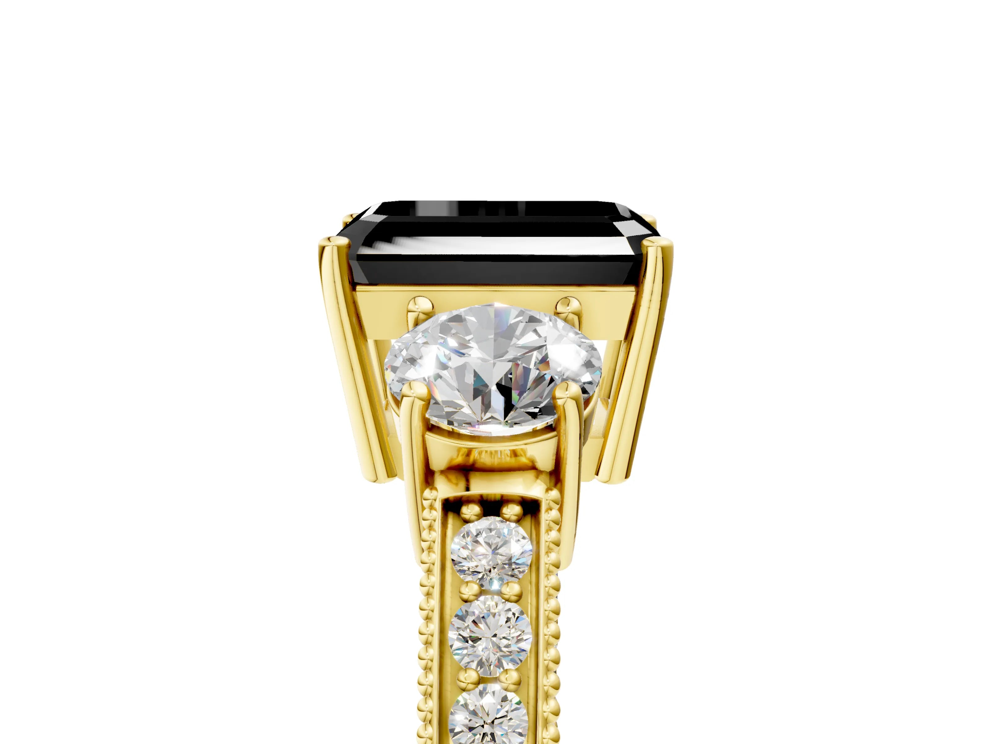 Yellow gold Fancy Black Emerald Cut Three-Stone Diamond Ring with Pavé Band and Four-Prong Setting_5