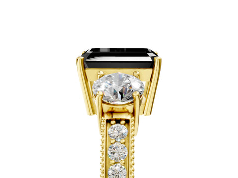 Yellow gold Fancy Black Emerald Cut Three-Stone Diamond Ring with Pavé Band and Four-Prong Setting_5