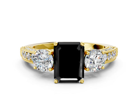 Yellow gold Fancy Black Emerald Cut Three-Stone Diamond Ring with Pavé Band and Four-Prong Setting