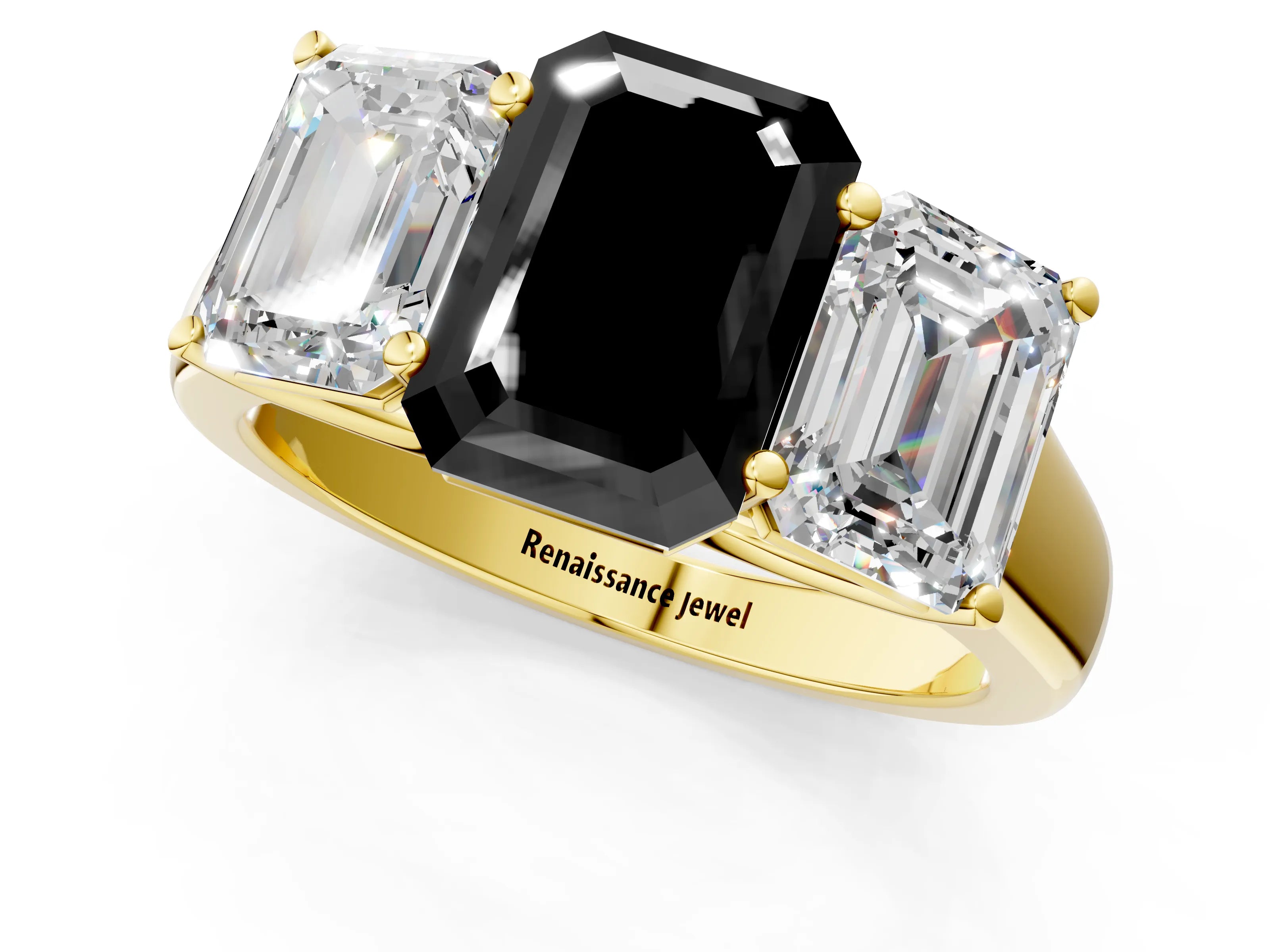 Yellow gold Fancy Black Emerald Cut Three-Stone Diamond Ring with Prong Setting on a Classic Band_1