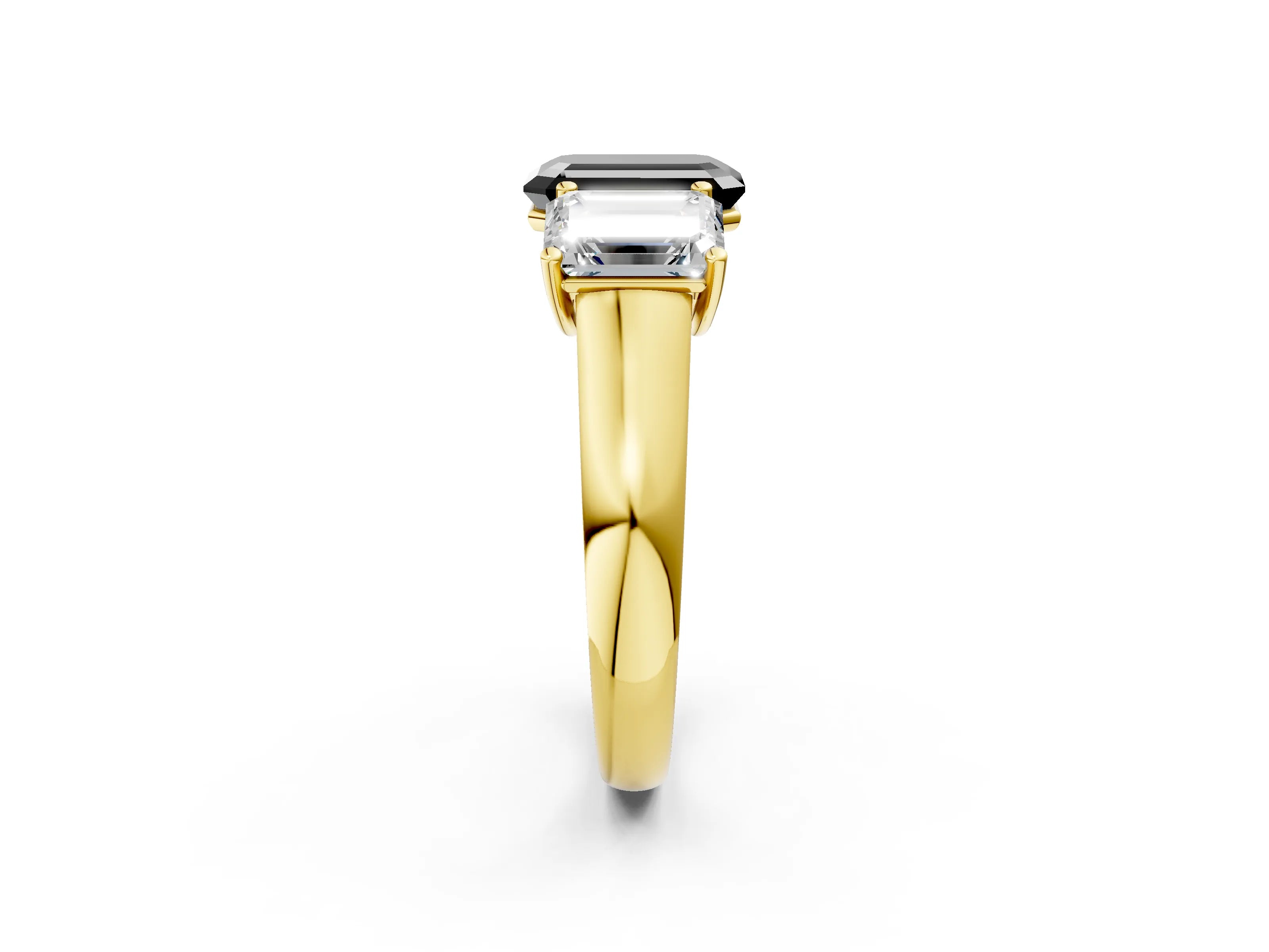 Yellow gold Fancy Black Emerald Cut Three-Stone Diamond Ring with Prong Setting on a Classic Band_2