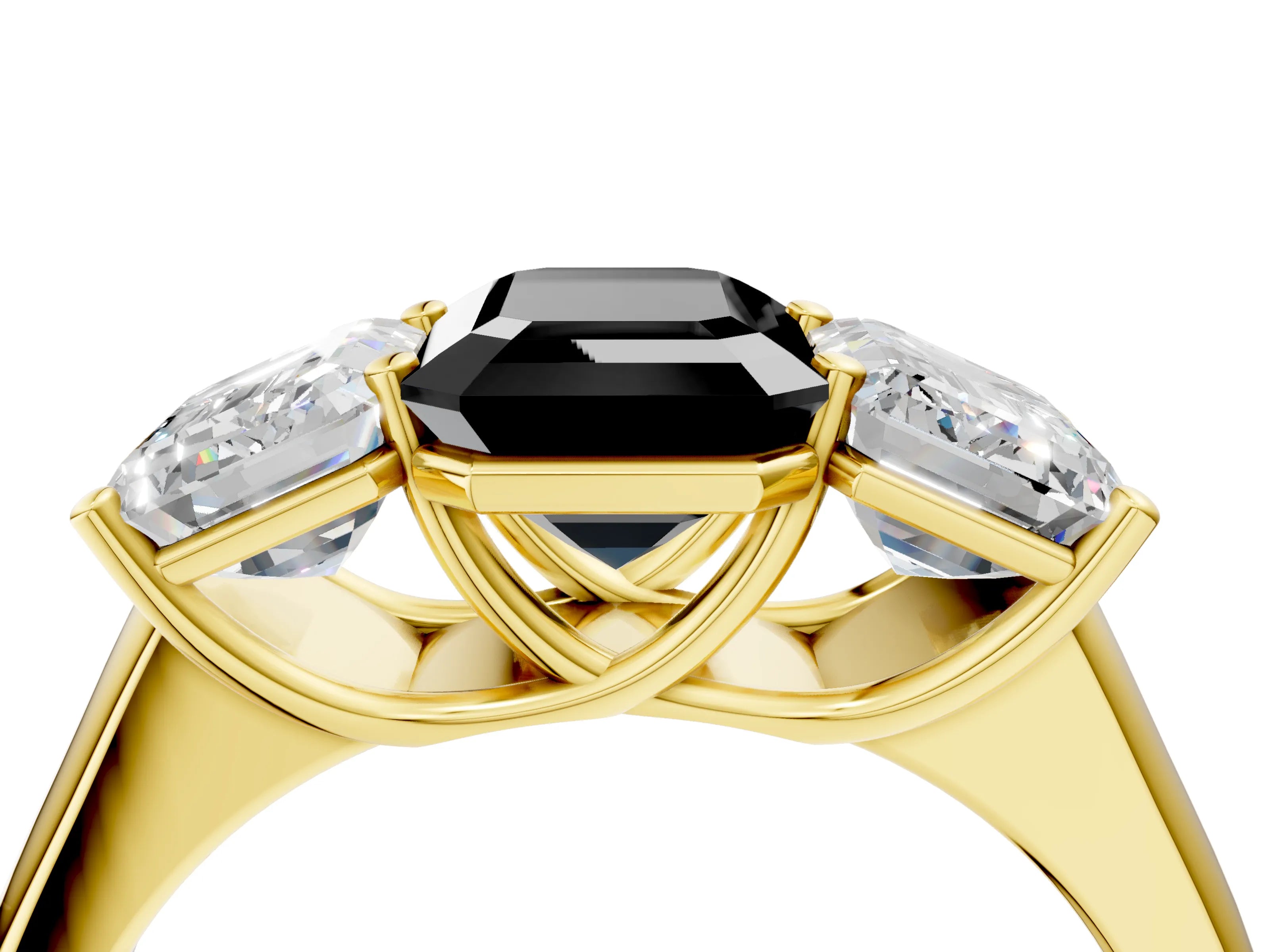 Yellow gold Fancy Black Emerald Cut Three-Stone Diamond Ring with Prong Setting on a Classic Band_4