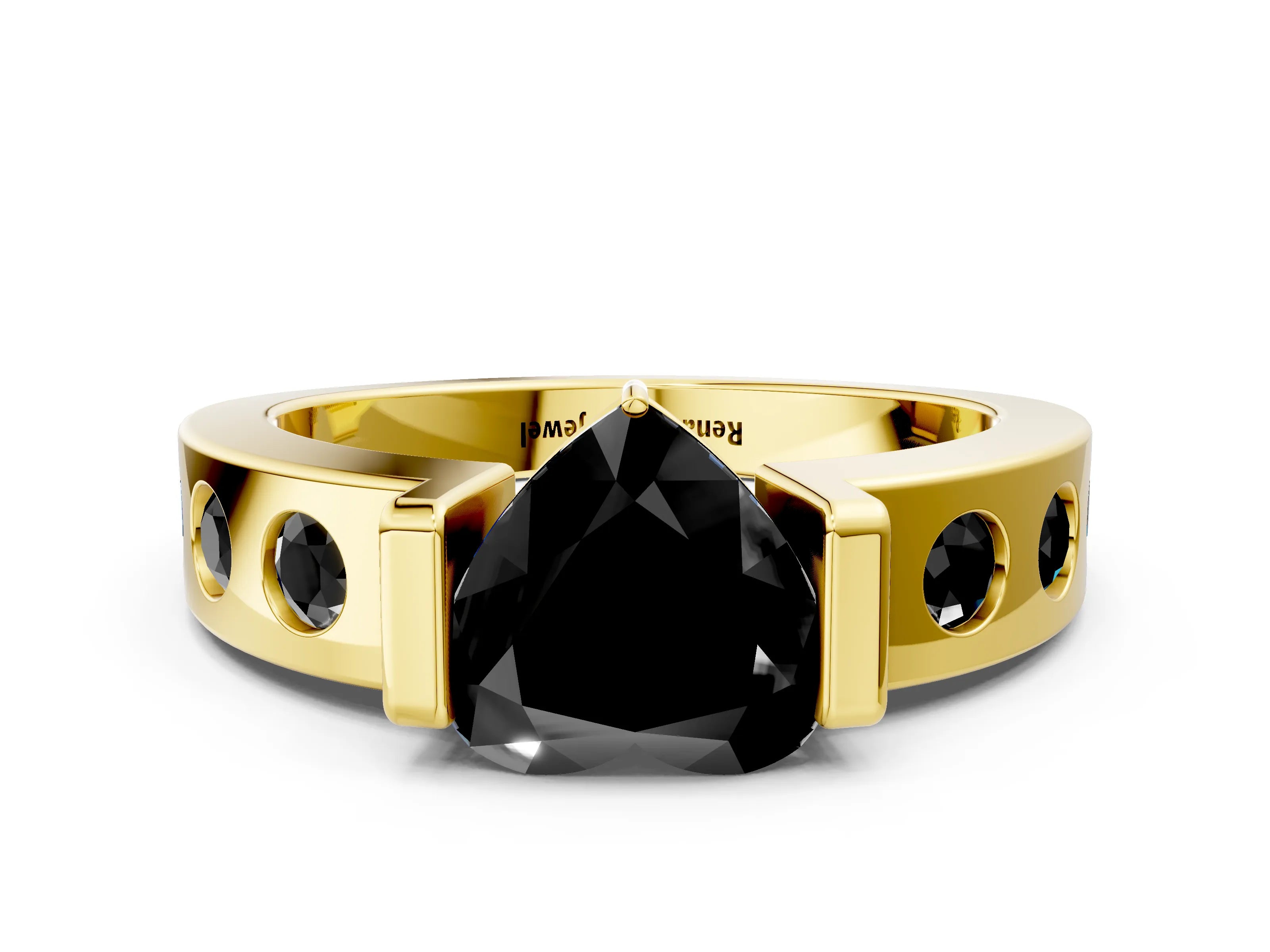 Yellow gold Fancy Black Heart Cut Brilliant Channel-Set Diamond Ring with Bezel Prong Setting