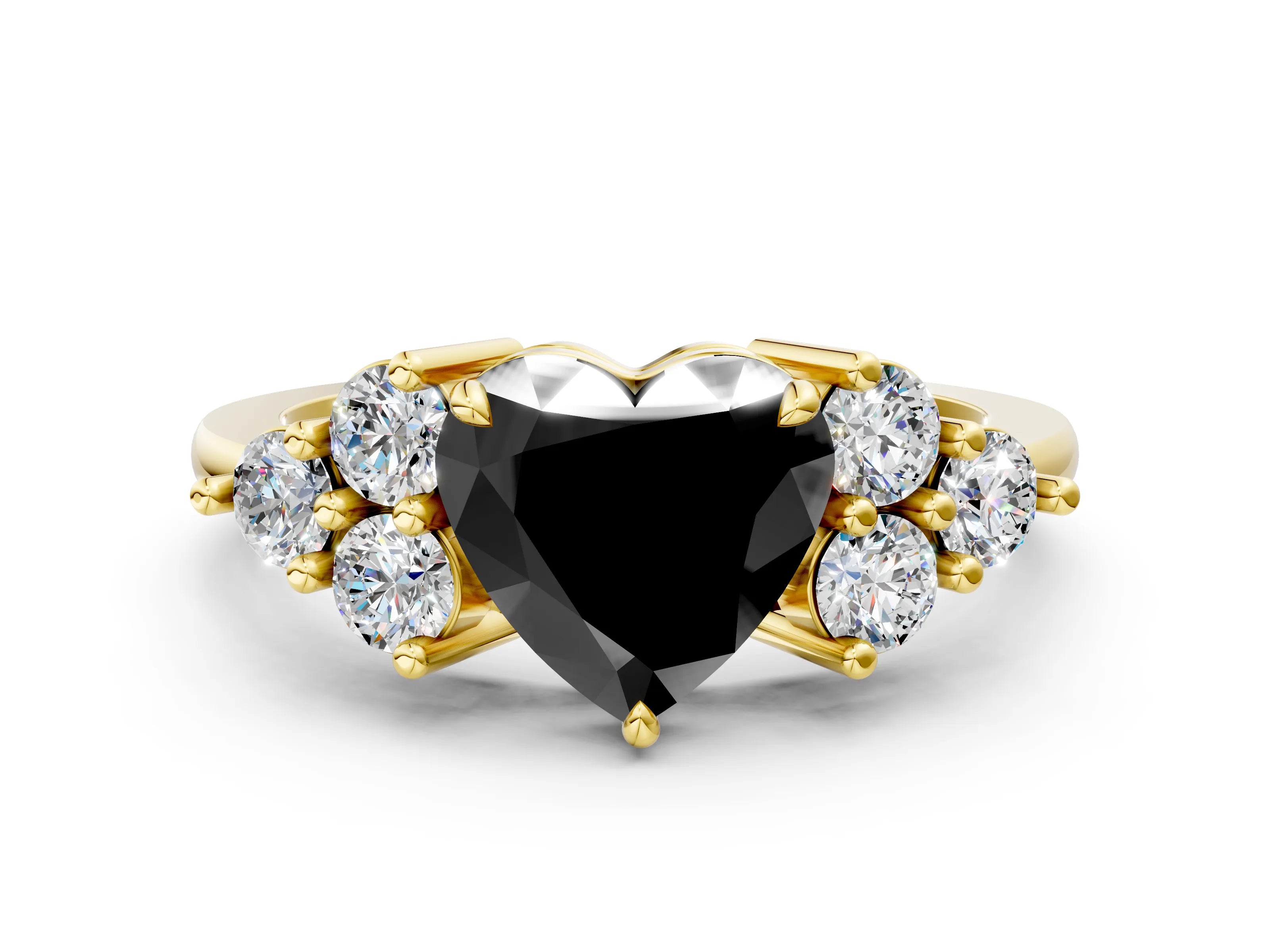 Yellow gold Fancy Black Heart Cut Brilliant Diamond Cluster Accent Solitaire Ring with Prong Setting