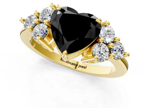 Yellow gold Fancy Black Heart Cut Brilliant Diamond Cluster Accent Solitaire Ring with Prong Setting_1