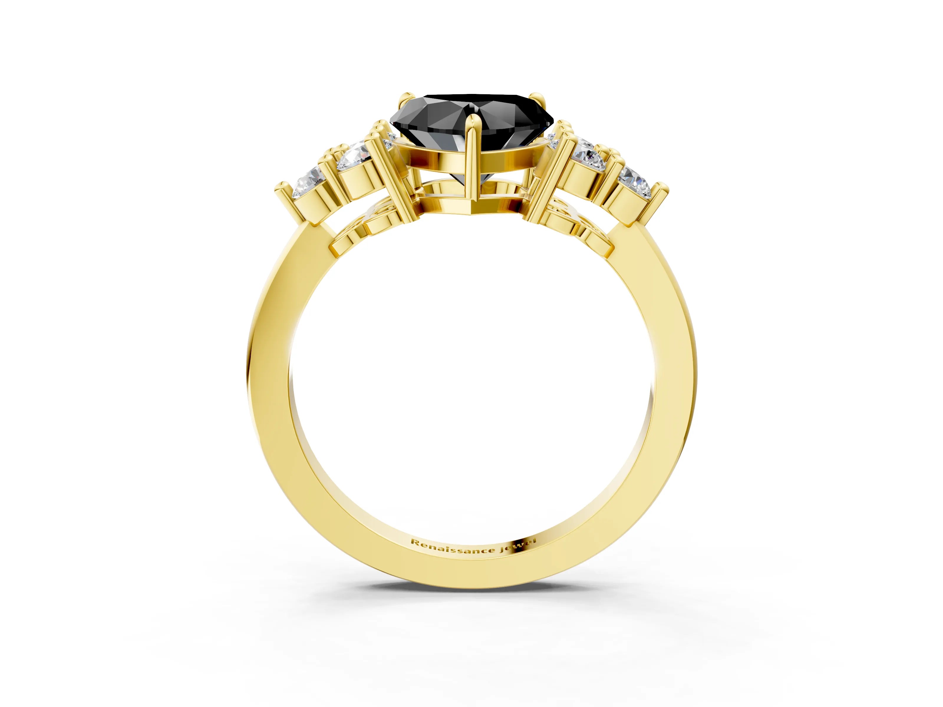 Yellow gold Fancy Black Heart Cut Brilliant Diamond Cluster Accent Solitaire Ring with Prong Setting_3